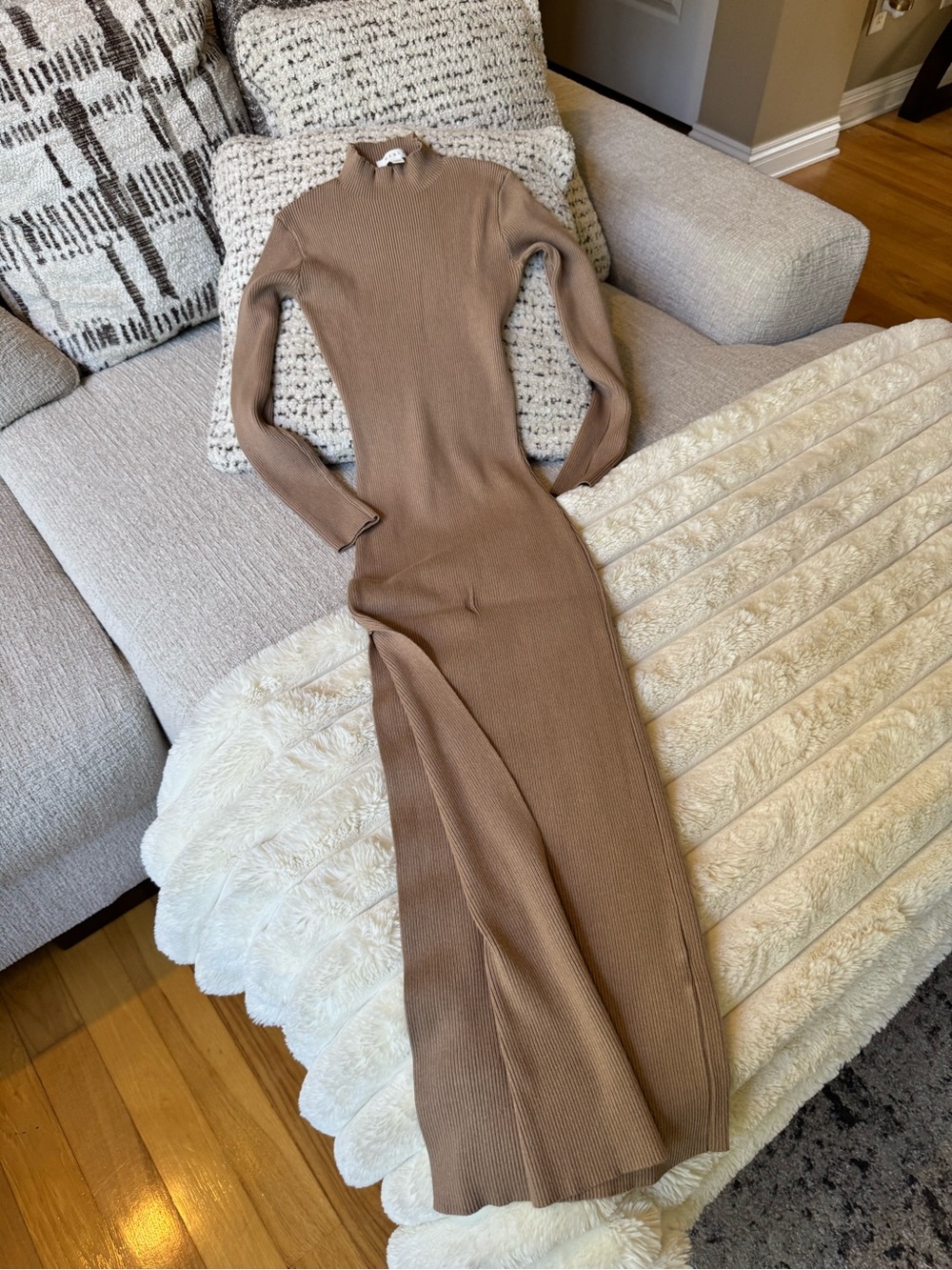 Mable brown robbed mock neck maxi dress